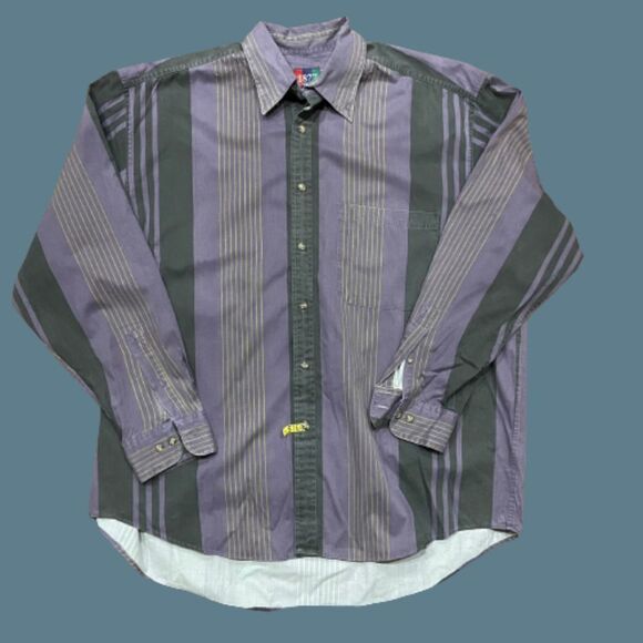 1877 BachRach Vintage 90s Black Purple Striped Button Front Shirt Men's Size XL - Picture 1 of 8